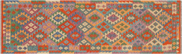 Flat Weave Kilim, Antique, Navaho, Vintage, Handmade, Geometric Kilim Blue Rust Hand-Woven Runner 100% Wool Area Rug 3 x 10